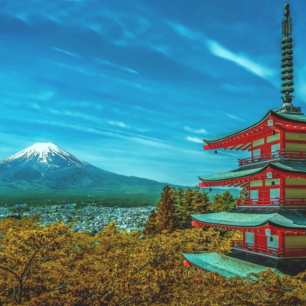 Japanese Temple and Mountain